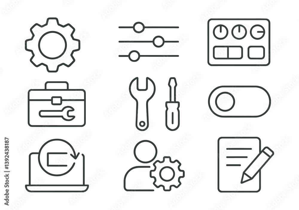 Fototapeta premium Essential linear icons set: tools, settings, and user interface elements