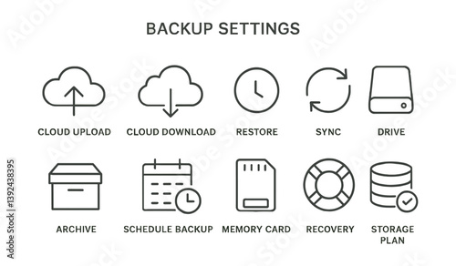 Backup settings icons: linear style for cloud, sync, and storage management