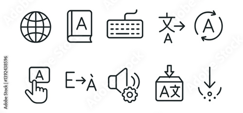 Linear language and translation icons set: globe, keyboard, book, and more