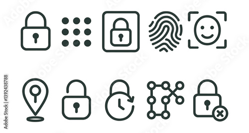 Security and authentication icons set: flat style representations for digital interfaces
