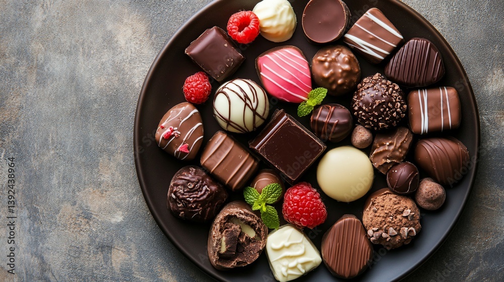 Fototapeta premium Exquisite assortment of gourmet chocolates on a dark plate with fresh raspberries