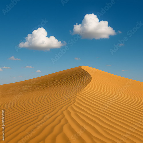 A breathtaking high-resolution photograph showcasing a golden sand dune rising against a vivid blue sky scattered with soft white clouds. The textures of the dune and the light-shadow play add a strik