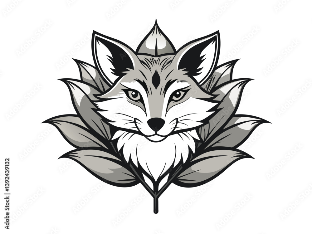 Obraz premium Cute cartoon vector illustration shows a black feline cat with a butterfly and a wild fox with a flower