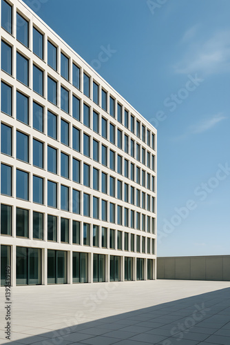 A high-resolution photo featuring a sleek modern office building taken from a low-angle perspective, emphasizing its geometric lines and minimalist design. The grid of reflective windows mirrors the b