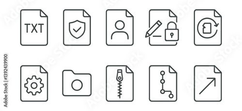 Essential file management icon set: 10 linear style symbols for documents and data security