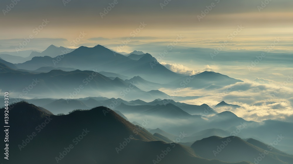 Obraz premium Aerial view of the foggy mountains at sunrise. The panorama of cascading mountains and a sea of clouds in the Chinese art style is reminiscent of National Park Award winning photographs.