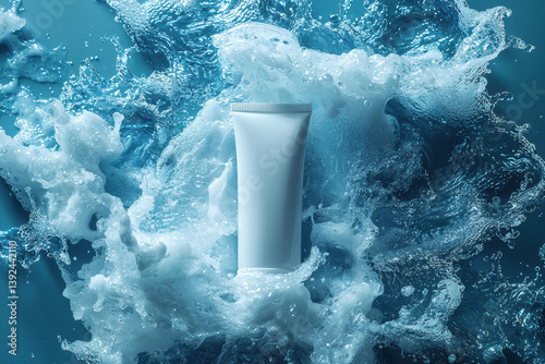 sleek white cream tube is captured mid spin amidst dynamic splash of water, evoking freshness and vitality