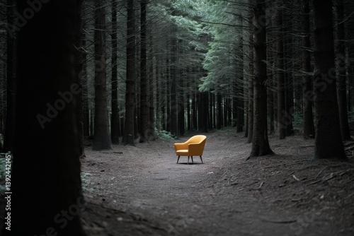Stock features a yellow armchair placed in the middle of a forest