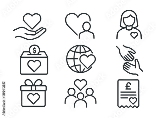Charity and donation icon set: linear style for fundraising and community support