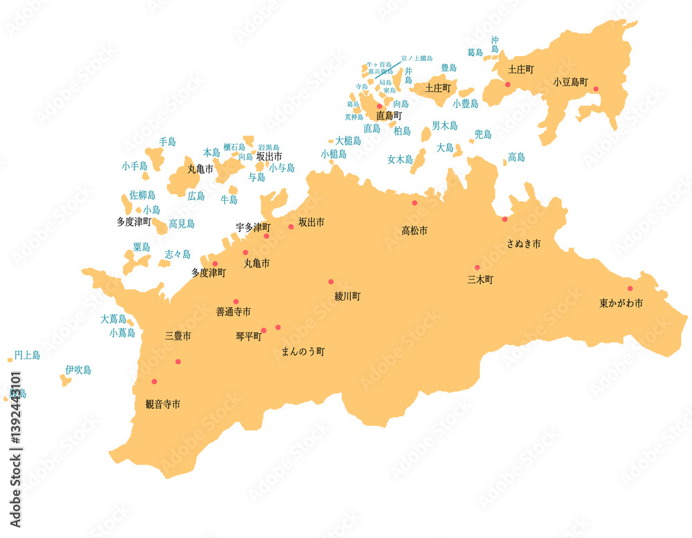 Obraz premium 香川県 地図 オレンジ 斑点 イラスト