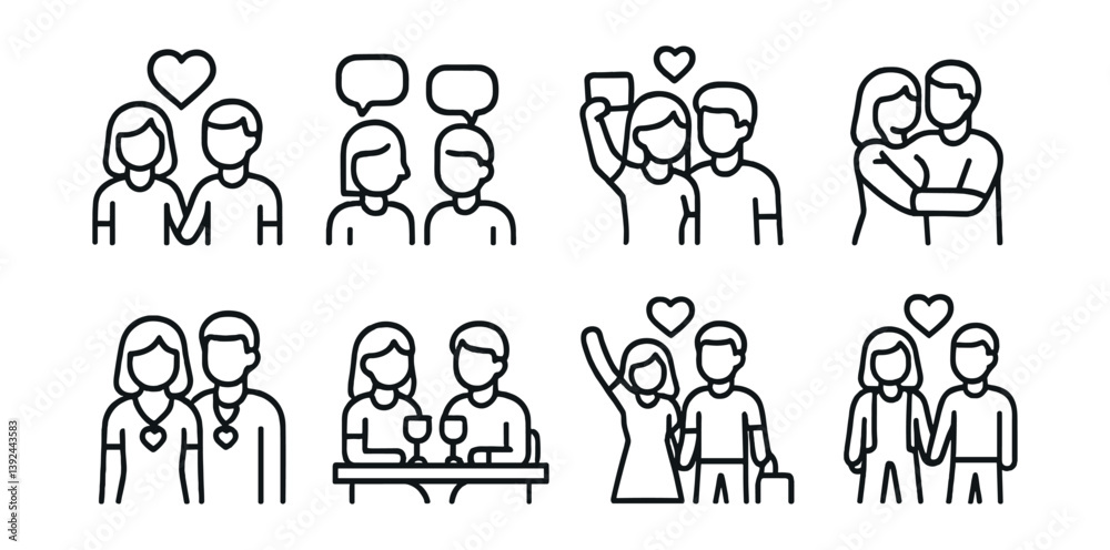 Fototapeta premium Linear icons set: romantic relationships and social interactions unveiled