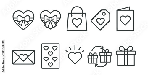 Valentine's day icons set - heart, gift, card, love, tag, envelope in linear style