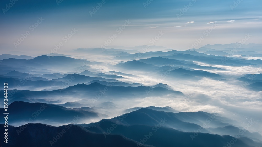 Aerial view of the foggy mountains at sunrise. The panorama of cascading mountains and a sea of clouds in the Chinese art style is reminiscent of National Park Award winning photographs.