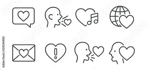 Communication and love icon set: linear style with heart and speech elements