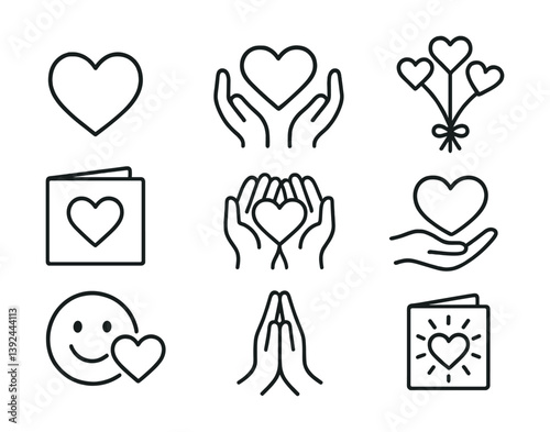 Linear love icons set: heart, hands, smile, prayer - simple and elegant symbols