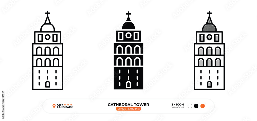 Fototapeta premium Cathedral Tower, Line Icon.Vilnius, Lithuania, Landmark, Silhouette, Color Vector, Editable Stroke.