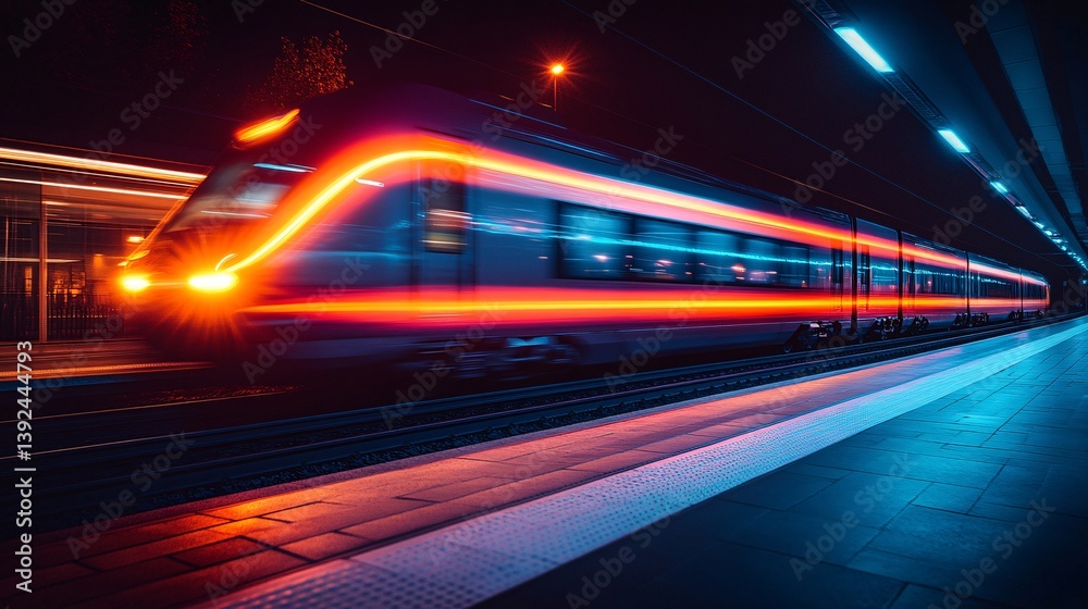 Fototapeta premium Long Exposure Rear View of a Train in Motion at Night with Colorful Light Trails
