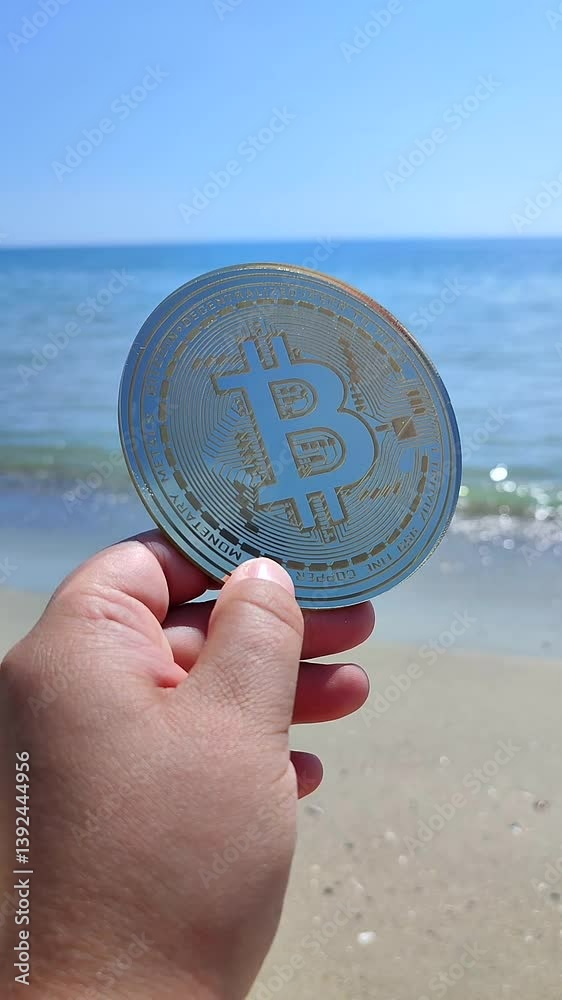 Person holding Bitcoin coin in hand on blue sea, blue sky and sandy beach on sunny day. Cryptocurrency web cryptocurrencies money cryptography. Bitcoin BTC coin. Peer-to-peer payment system. Vertical