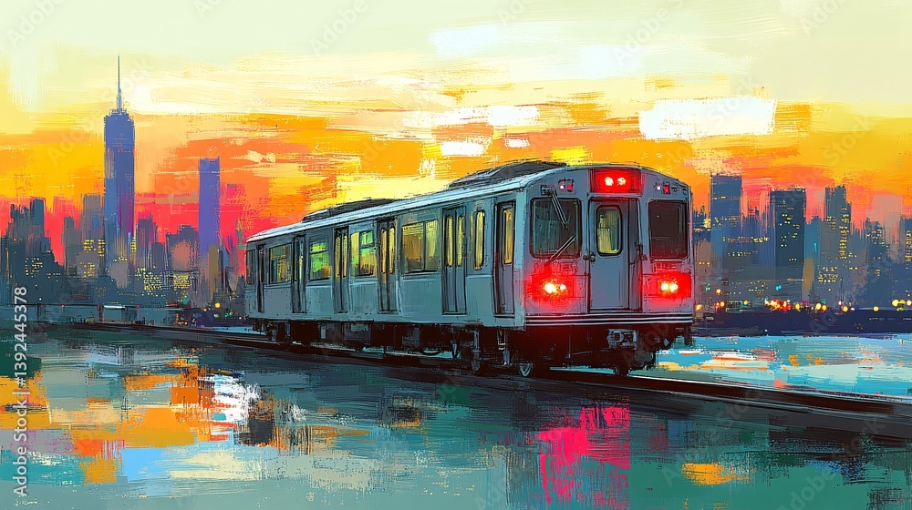 Obraz premium Vibrant Sunset Train Journey with Artistic Long Exposure Effect in Urban Landscape