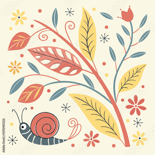 Illustration of a snail with flowers and leaves design