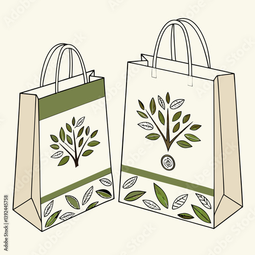 Two shopping bags with tree and leaf design illustration