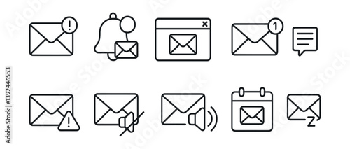 Email notification icons set - linear style communication icons for messaging and alerts