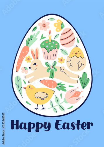 Happy Easter Egg Shape Pattern With Bunny, chicken And Flowers. Design with text on blue background. Greeting hand drawn card. Flat illustration with partial outline. Vector illustration.