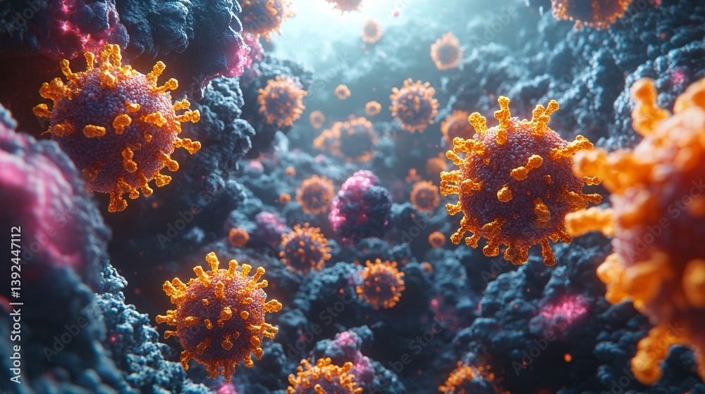 Naklejka premium Hyperrealistic Microscopic View of Cellular Combat Among Vibrant Viral Particles and Cells