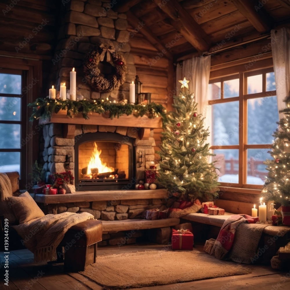 Obraz premium Cozy Christmas cabin interior with fireplace, decorated tree, and snow outside — warm festive 8K photorealistic scene