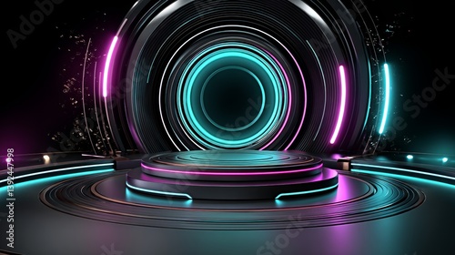 A 3D podium with a blue neon circle and hologram platform is set against a cyberpunk background with a virtual screen and digital elements