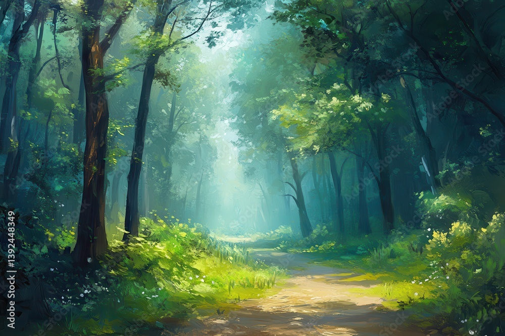 Sunlit Path Through a Lush Green Forest Sunlit Path Through a Lush Green Forest