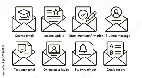 Set of linear education email icons: course, feedback, enrollment, and more