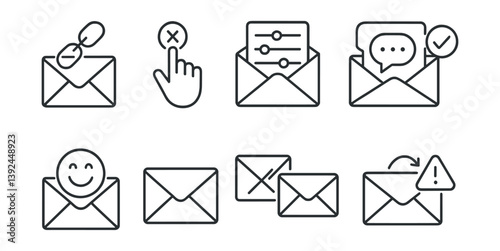 Linear email and messaging icon set: interactive elements and communication tools