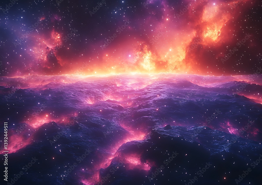 Fototapeta premium Cosmic Nebula Landscape Fiery Skies with Glowing Mountains.