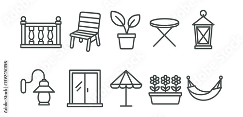 Outdoor patio and garden icon set in linear style