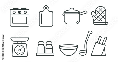 Minimalistic kitchen essentials: linear icon set for cooking and baking projects