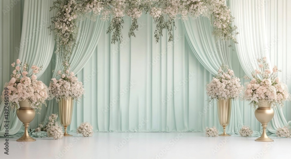 A decorative floral arch setting with draped fabric and urns A decorative floral arch setting with draped fabric and urns