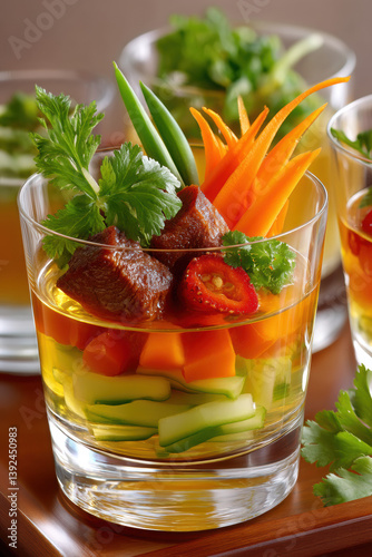 refined duck consomme served in glass with julienned vegetables, garnished with fresh herbs and vibrant presentation
