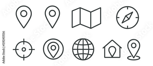Navigation and location icon set - linear style for maps and gps applications