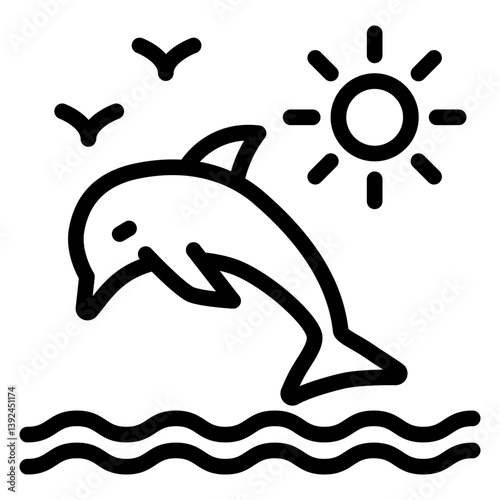 Dolphin jump out of water line icon, eco tourism concept. Vector graphics. Sunny sea with dolphin sign on white background, style mobile or design.