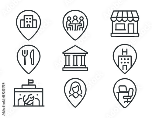 Business and city services icon set - linear style for maps and navigation