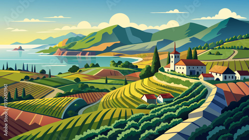 Txakoli vineyards with Cantabrian sea in the background, Getaria in Basque Country, Spain