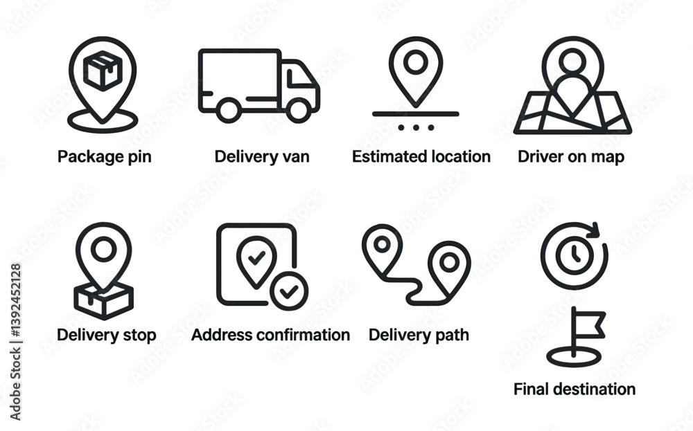 Delivery process icons set: tracking, maps, stops, and destination in linear style Delivery process icons set: tracking, maps, stops, and destination in linear style
