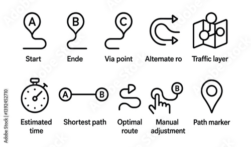 Navigation and route planning icons set for maps and gps applications