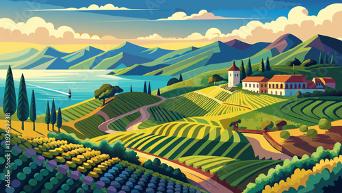 Txakoli vineyards with Cantabrian sea in the background, Getaria in Basque Country, Spain