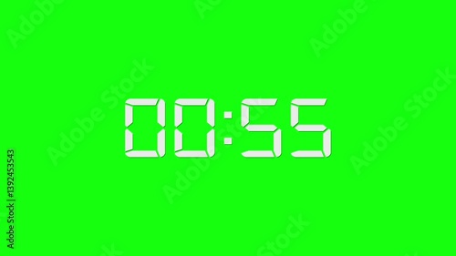 1 Minute countdown animation on green background. 1 minute timer on stopwatch