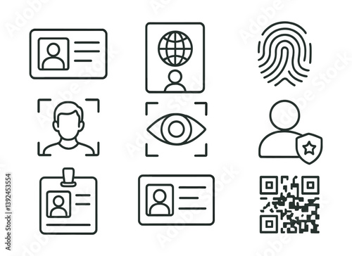 Identification and security icons set featuring id cards, biometrics, and qr code in linear style