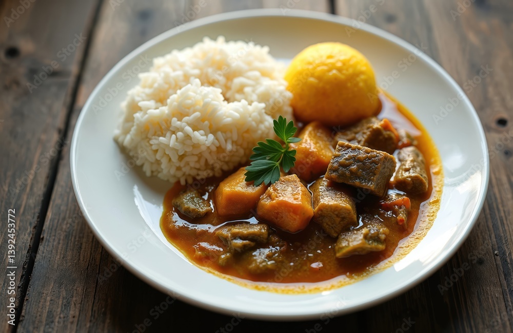 Traditional Nigerian Afang soup with beef and fish served with eba on a white ceramic plate on wooden background. Delicious healthy meal, fresh cookery, good for lunch or dinner. Traditional Nigerian Afang soup with beef and fish served with eba on a white ceramic plate on wooden background. Delicious healthy meal, fresh cookery, good for lunch or dinner.