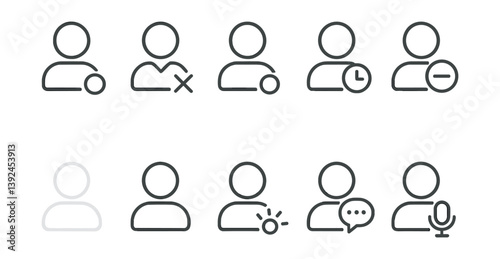 User status icons set: linear style featuring presence, absence, and interaction symbols