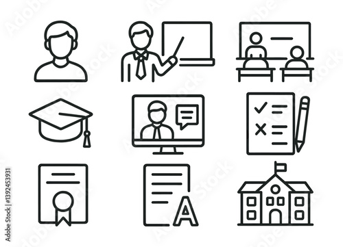 Education linear icons set: classroom, graduation, teaching tools, and more